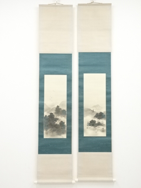 道具 ] - 道具 奥谷秋石筆 春秋山水 双幅 肉筆絹本掛軸（保護箱）□z